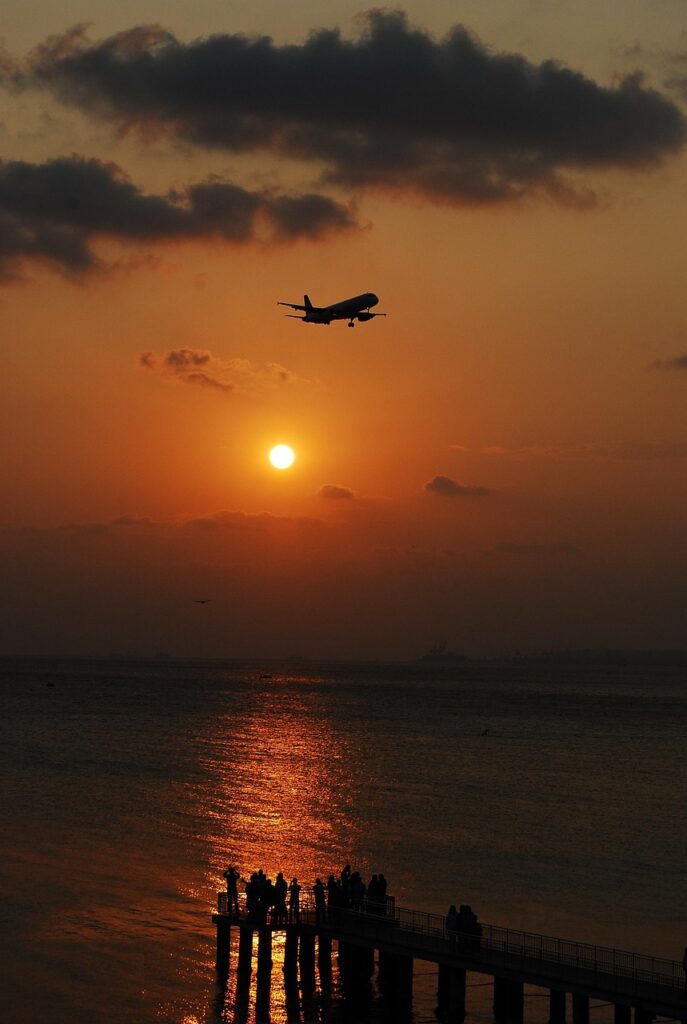 aeroplane, nature, sunset, view, sea, coast
